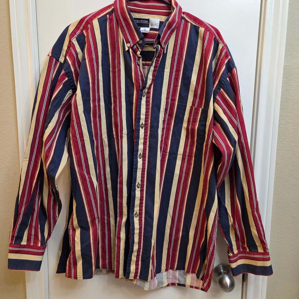 Alexander Martin Mens XL Striped Button Down Long Sleeve Shirt Red Blue Yellow